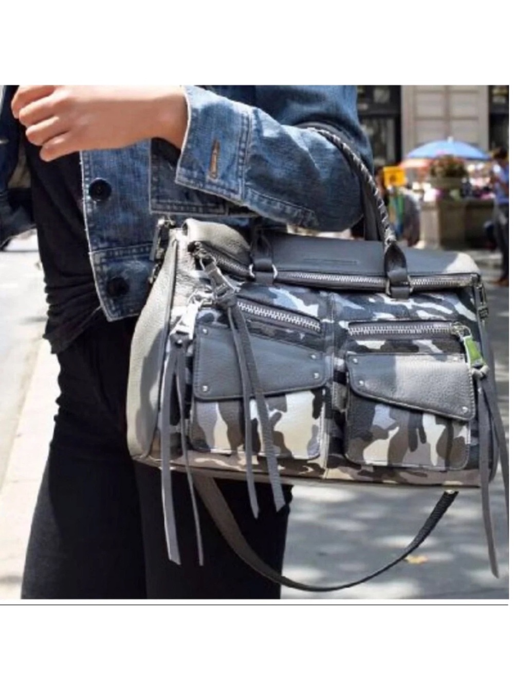 Aimee Kestenberg grey and camouflage metallic satchel with crossbody strap